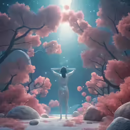 a painting of a person standing in the snow in front of trees with pink flowers