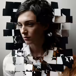 a girl looking directly at the camera through squares
