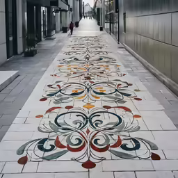 the walkway is in an urban setting with geometric designs