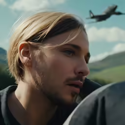a man wearing a jacket and ear piercings looks away from the camera with an airplane flying in the sky