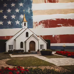 a small church stands near the american flag
