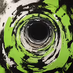 an abstract painting of a black and green hole
