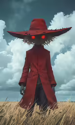 an animated image of a scarecrow dressed in red with an enormous hat