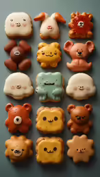 twelve sugar cookies with different design in the shape of animals