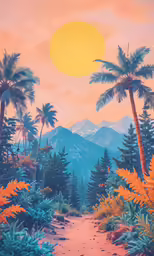 a painting of the sun in the sky over a forest of palm trees