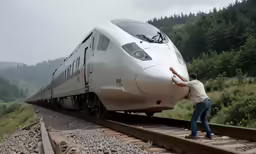 there is a person standing on the train tracks