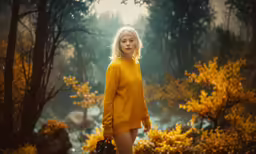 a beautiful blond woman with big breast standing in a wooded area