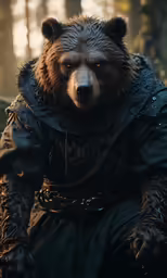 a big brown bear dressed in medieval clothing