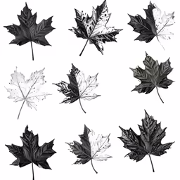 five leaves that are black and white, each leaf has the same color scheme as they appear in this leaf pattern