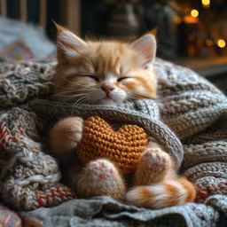 a kitten holding a heart in a blanket,an orange kitten holding a teddy bear while laying on top of a bed