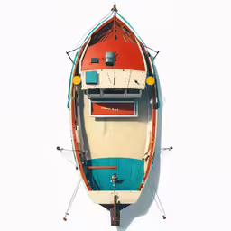 an overhead view of a multi colored, striped boat