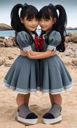 two dolls are standing together on the beach