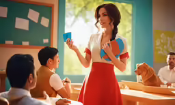 the teacher is holding her book in front of her class
