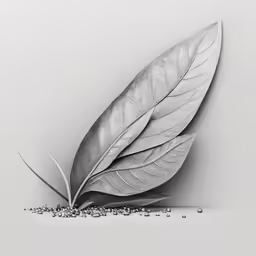 black and white photograph of a leaf laying on top of seeds