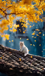 a white cat is sitting on top of the roof