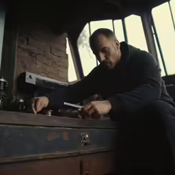 a man is sitting on a counter looking at a remote control