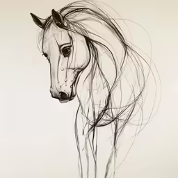 a black and white picture of a horse with long manes