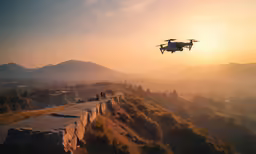 two people on the side of a road watching a plane soar in the sky