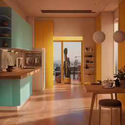 the interior of an empty kitchen with cactuses