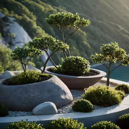 a group of plants in stone containers with trees in the background
