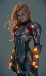 a girl in full armor and glowing orange arms