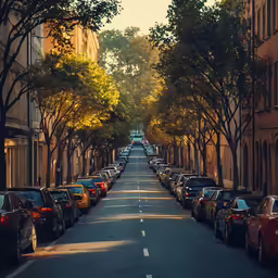 a quiet city street filled with lots of parked cars