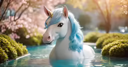 a white unicorn with blue mane standing in water next to trees