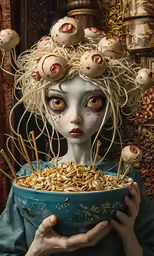 an image of woman with hair that has noodles in it
