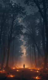 there is a person in the distance walking in the fire