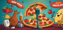 a cartoon of a pizza and a microphone,an image of a cartoon style microphone with many food items in the background