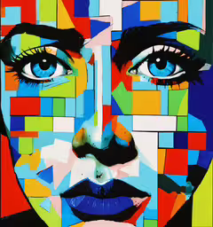 a colorful face with multiple colored blocks on it,colorful art with a person with blue eyes