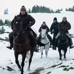 people riding horses through the snow on a cloudy day
