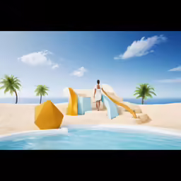 a man standing on a slide next to a pool