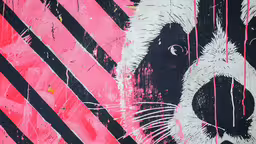 a painting of a dog with red and black stripes,a painting of a dog with pink background