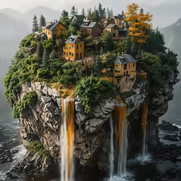 the painting shows a waterfall flowing over the edge of a large island with houses on top