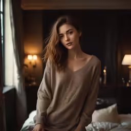 a beautiful woman sitting on a bed in her pajamas