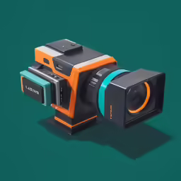 an orange and blue camera on a green background