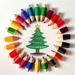 a group of colored pencils arranged in a circular design,a christmas tree is depicted with colored pencils in a circle,an art project with crayons around a colored tree,a colorful christmas tree with colored pencils surrounding it,a group of crayon colored pencils arranged in a circle around the shape of a christmas tree