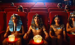 the costumes of egyptian movies as worn by a young women,two young girls and a man sit in front of red chairs and look at their faces covered with makeup
