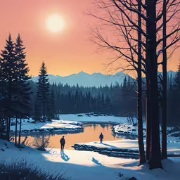 two people walking on the snow in the woods,the sunsets on a snowy mountain as two people are walking through the snow covered ground