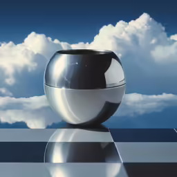 a mirror reflecting on the surface of a big glass bowl