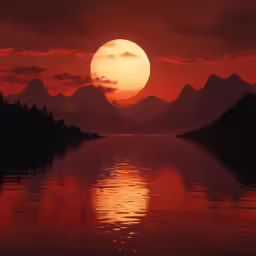 sunset over a large lake with mountains in the background