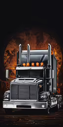 the big truck is parked near a building,a big rig truck with bright lights on its face