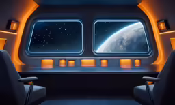 a futuristic looking room with a window showing the moon and stars