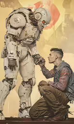 a man putting a paint on the face of a robot