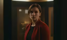 a woman with a red jacket and black shirt standing next to an entrance