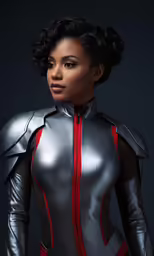 a woman in metallic clothes posing for a photo