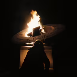 person standing by a fire pit at night