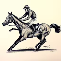 a drawing of a horse with jockey on it,this drawing shows a horse and jockey in a racing position
