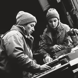 a couple of people in beanies that are standing
